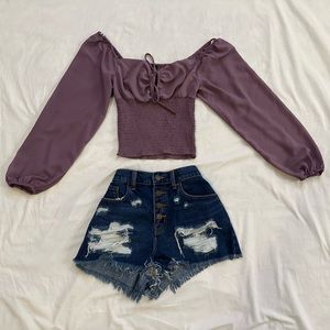 NWOT Purple Puff Sleeve Ruched With Draw String at Neckline Size Small